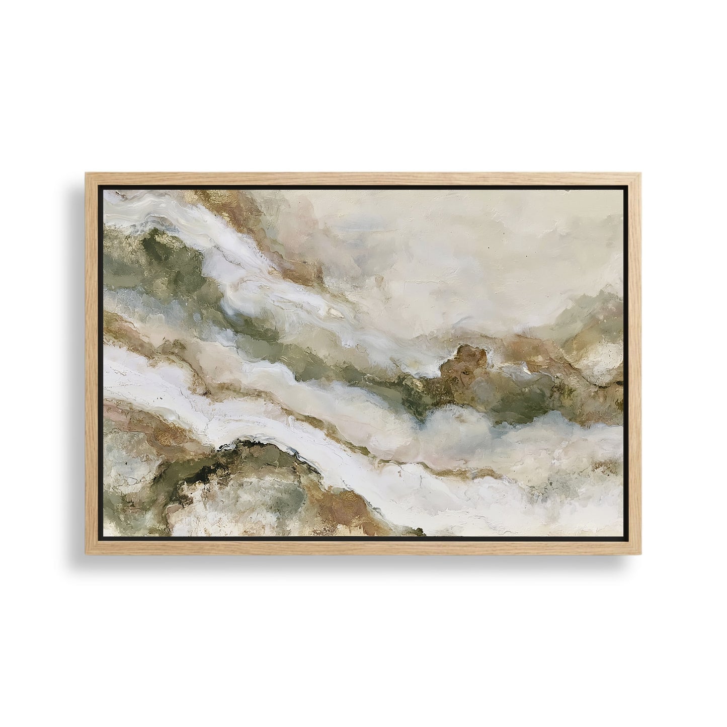 The image is a framed abstract painting with a landscape-like background featuring a blend of green, white, and brown colors.