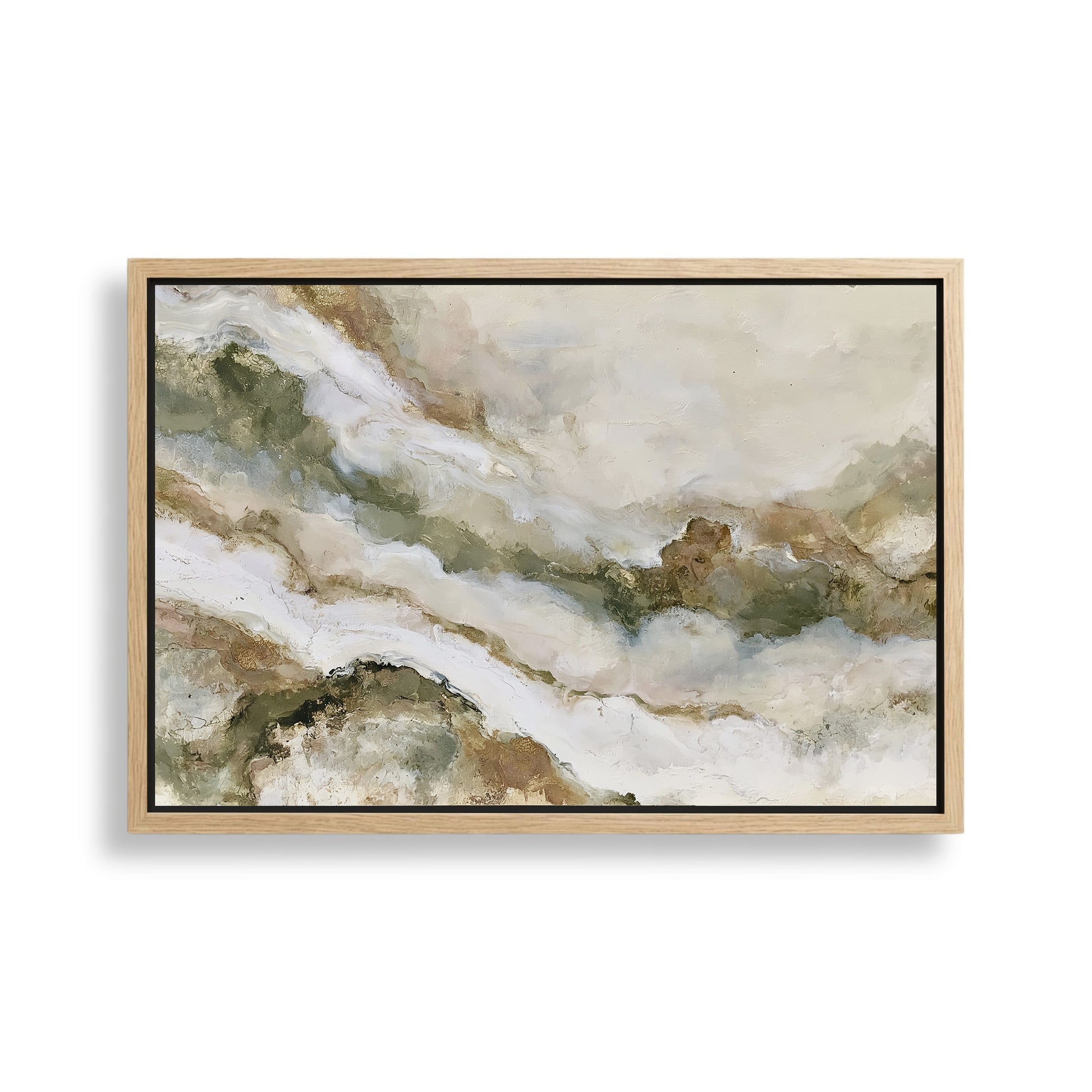 The image is a framed abstract painting with a landscape-like background featuring a blend of green, white, and brown colors.
