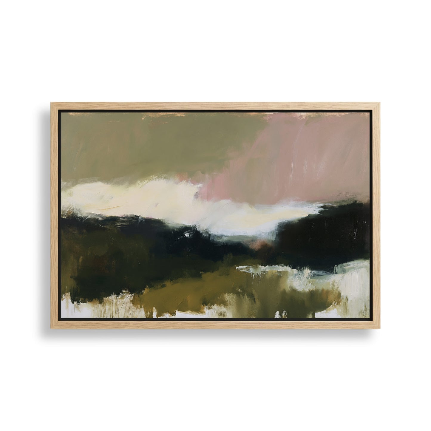 The image is an abstract landscape painting with a predominantly green and brown color palette, featuring a cloudy sky and a grassy field.