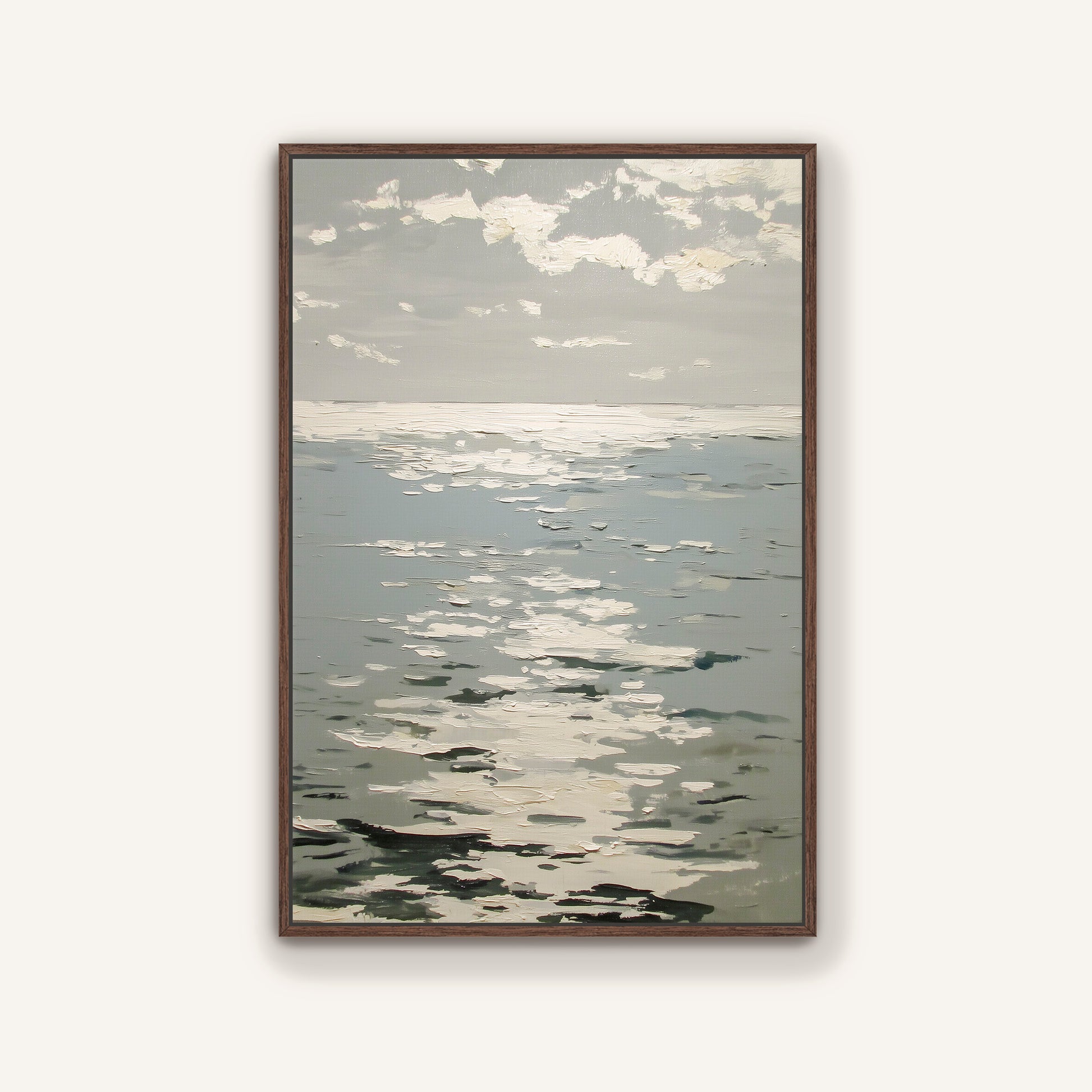 The image is a painting depicting a serene ocean scene with a cloudy sky above.