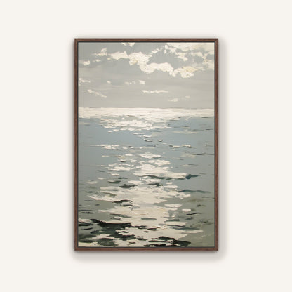 The image is a painting depicting a serene ocean scene with a cloudy sky above.
