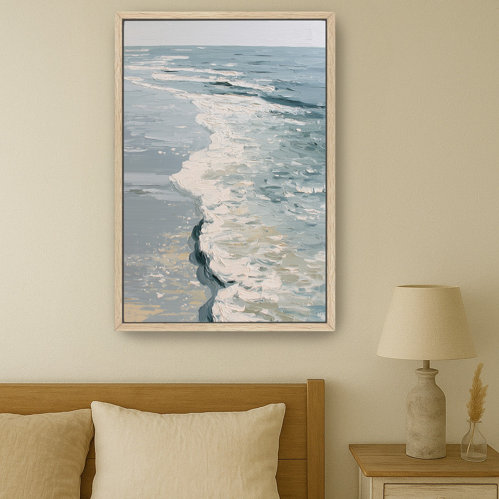 a serene bedroom scene with a large framed painting of a tranquil ocean scene hanging on the wall above a bed with a wooden headboard.
