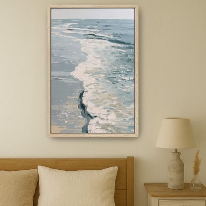 a serene bedroom scene with a large framed painting of a tranquil ocean scene hanging on the wall above a bed with a wooden headboard.