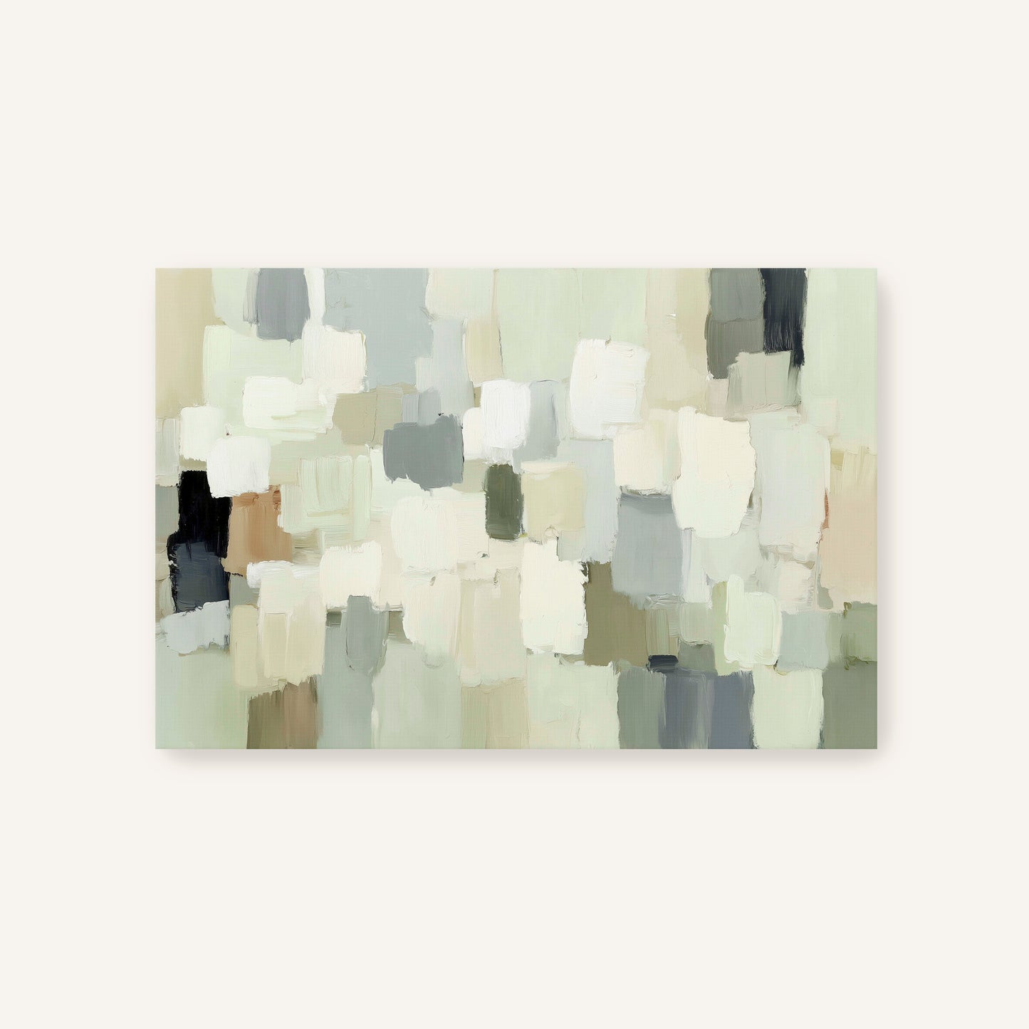 The image is a rectangular abstract painting with a predominantly white and gray color palette. The painting features various shades of gray and white, creating a sense of depth and texture. The overall composition is simple and minimalist, with the focus on the interplay of light and shadow across the canvas.