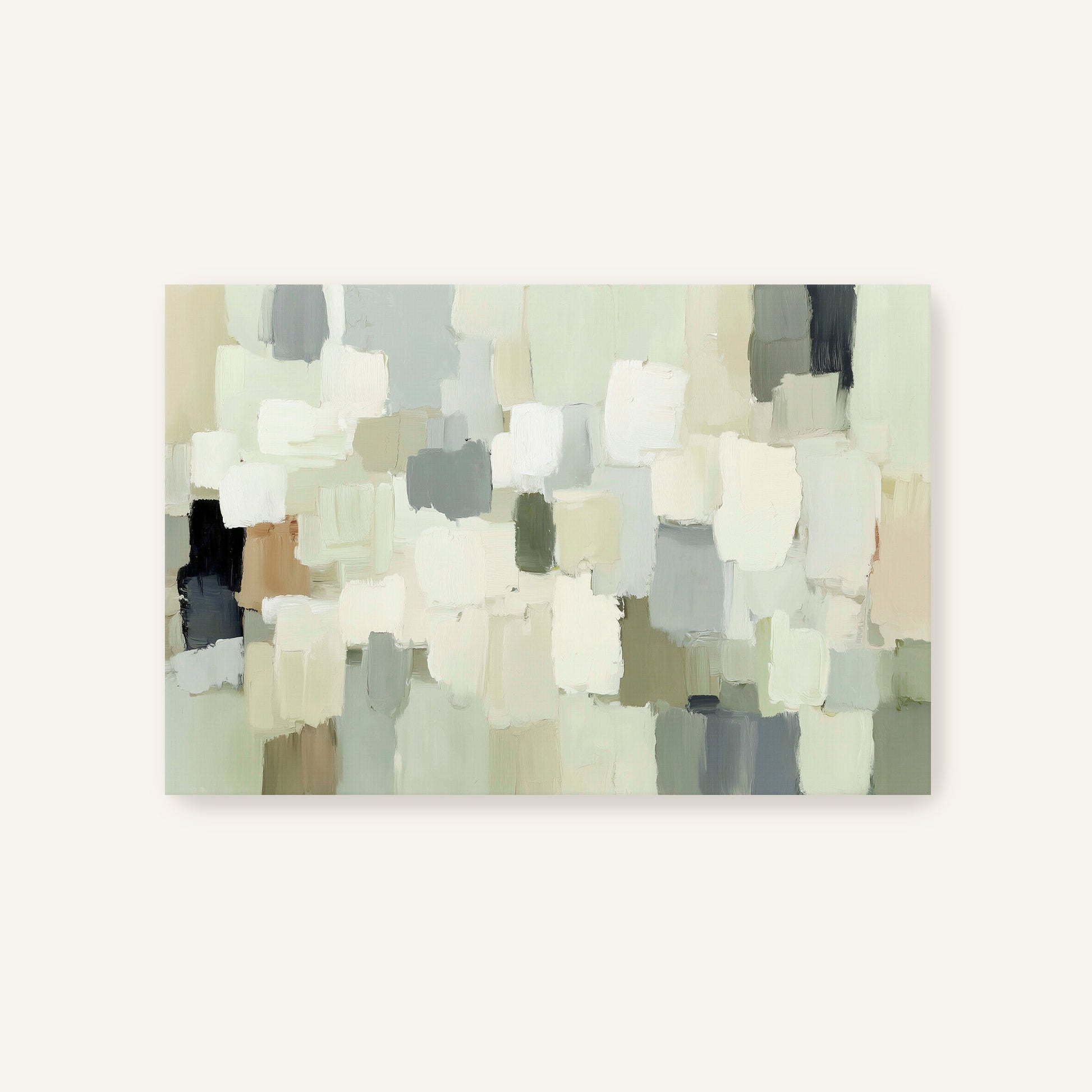 The image is a rectangular abstract painting with a predominantly white and gray color palette. The painting features various shades of gray and white, creating a sense of depth and texture. The overall composition is simple and minimalist, with the focus on the interplay of light and shadow across the canvas.