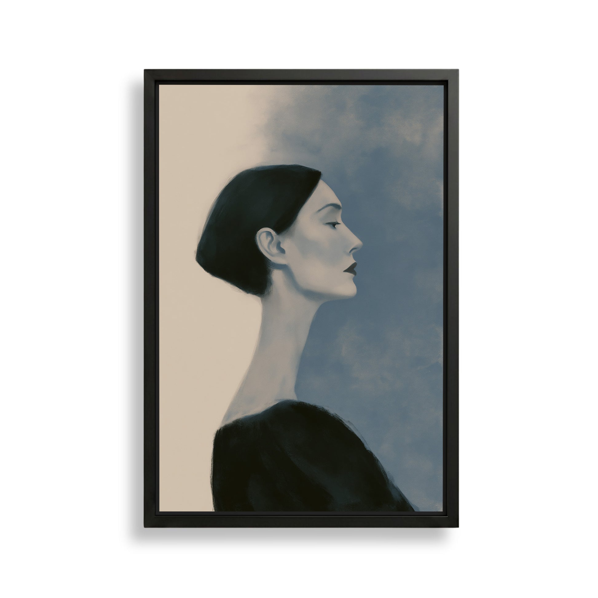 A black and white portrait of a woman with a pensive expression, wearing a dark top.