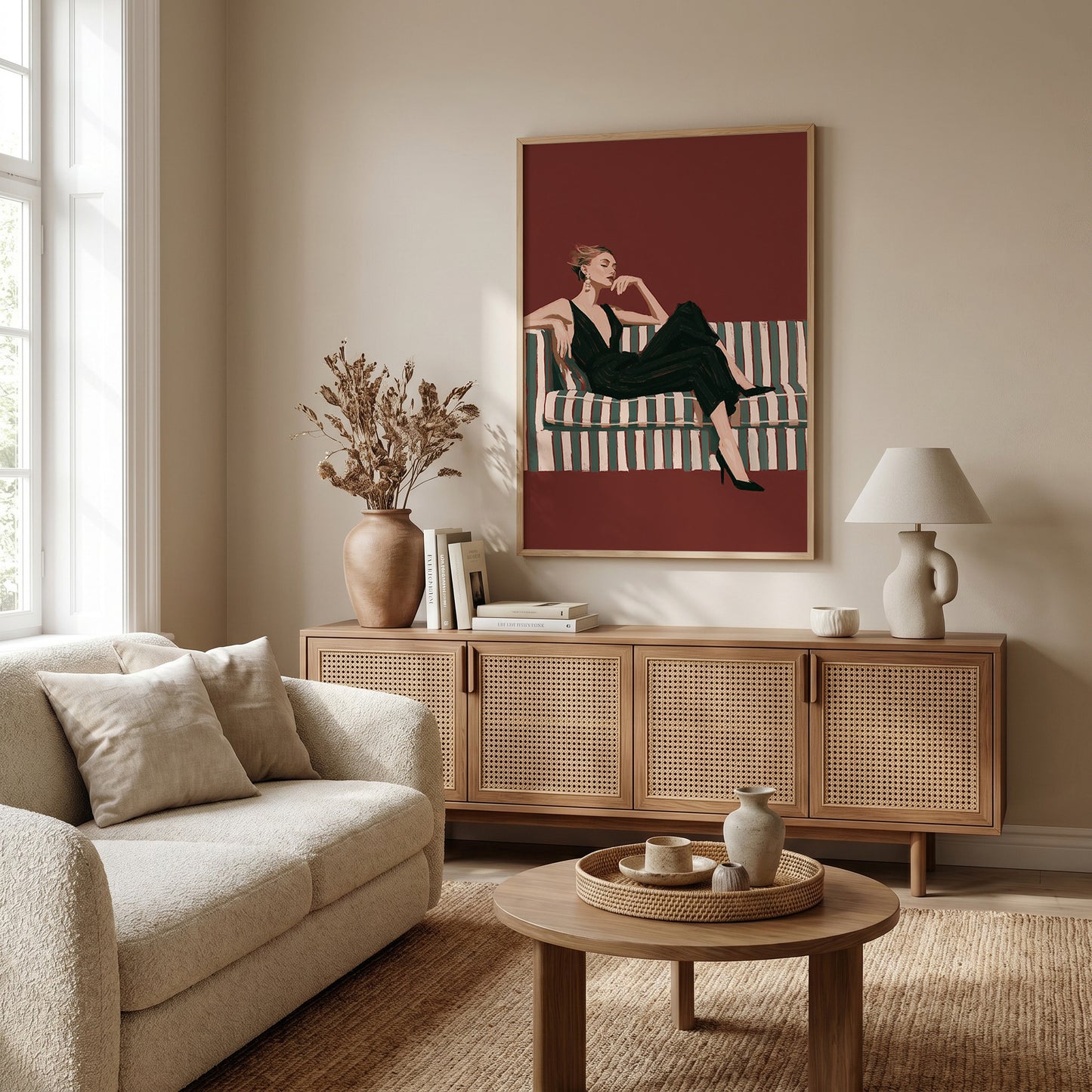 a cozy living room with a beige sofa, a wooden sideboard, and a framed illustration of a woman sitting on a striped couch.