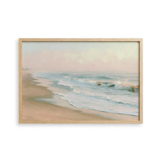 a serene beach scene with waves gently lapping against the shore, creating a tranquil atmosphere.