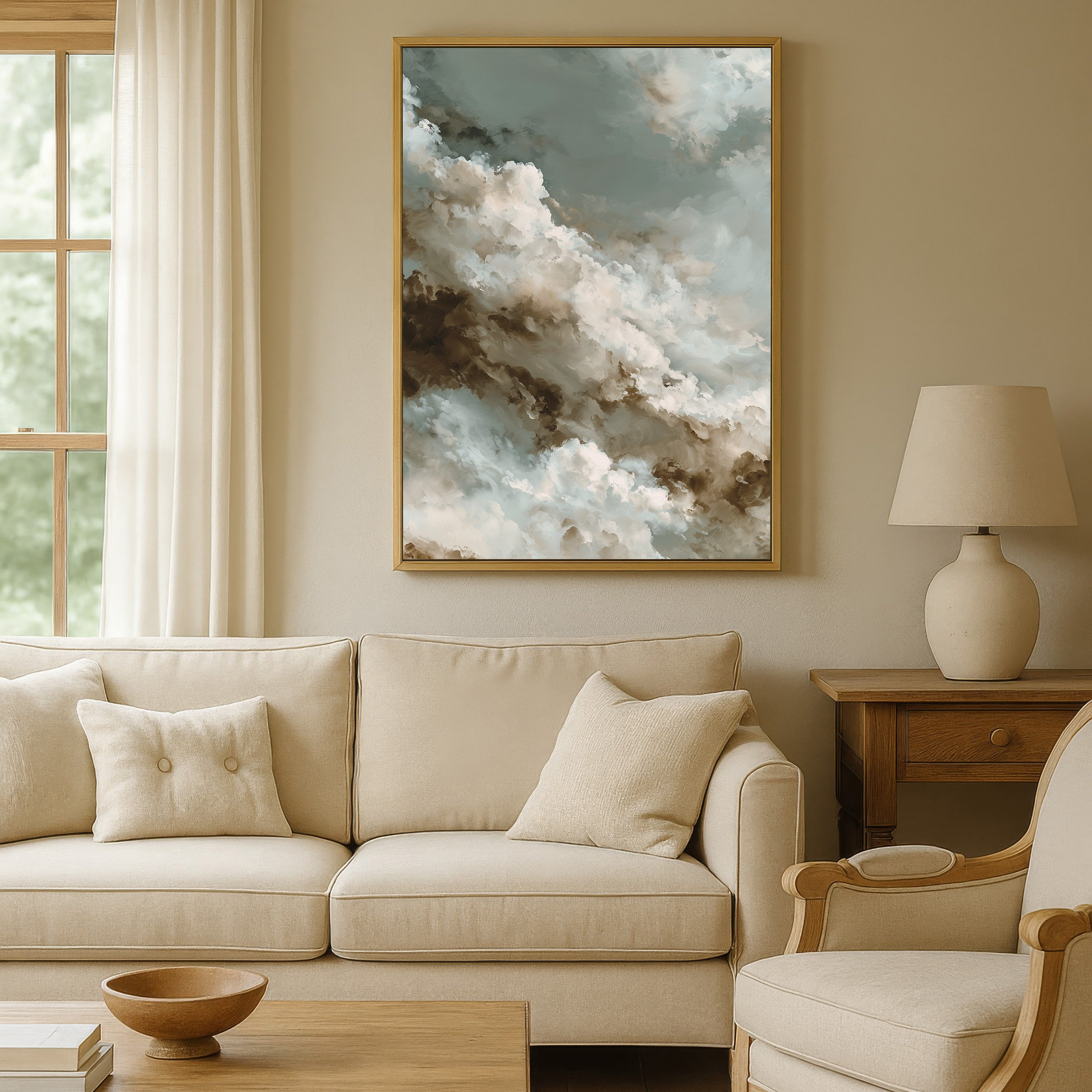 a cozy living room with a large window, a beige sofa, a wooden coffee table, and a framed painting of clouds hanging on the wall.