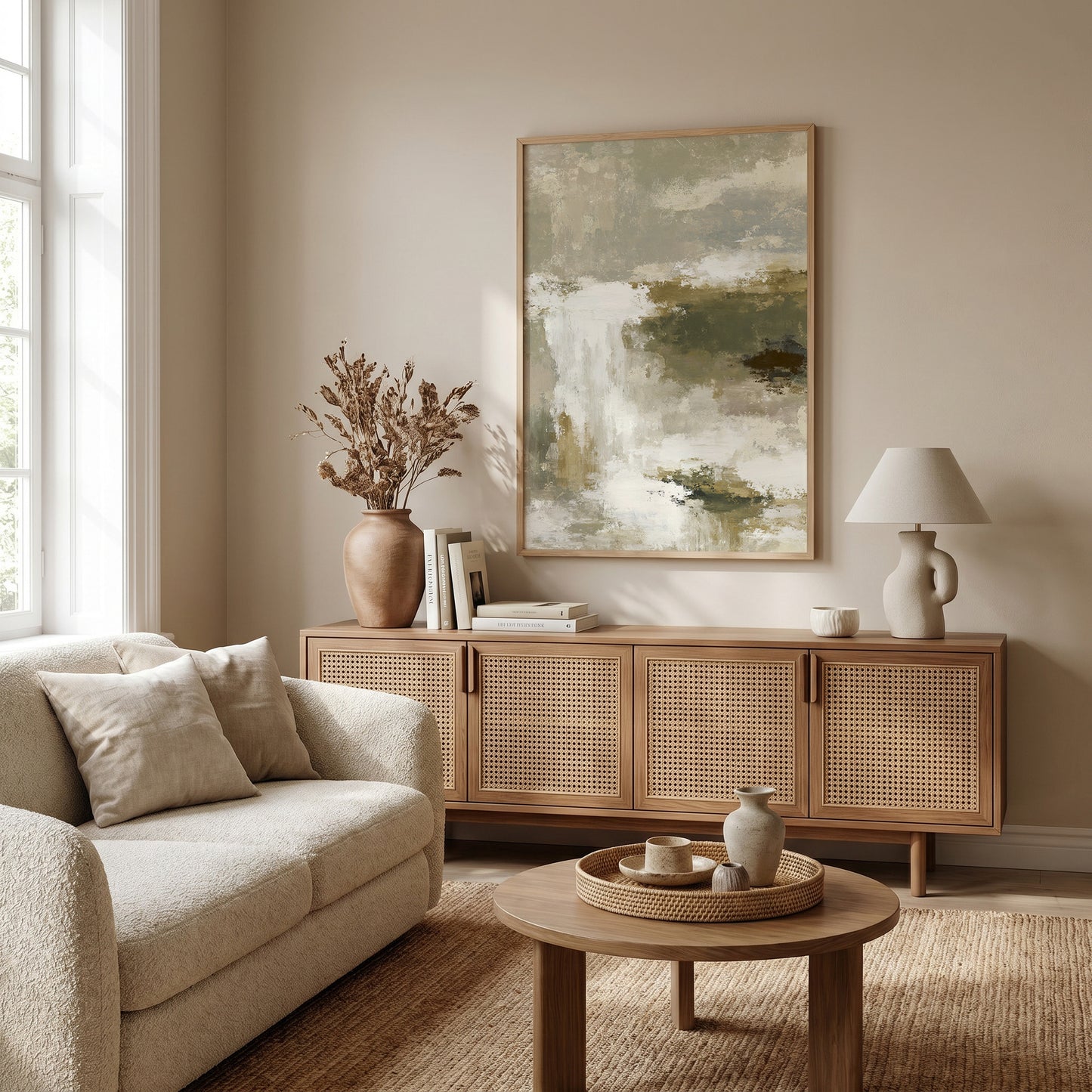 a cozy living room with a beige sofa, a wooden sideboard, and a large abstract painting on the wall. The room has a warm and inviting atmosphere, with natural light coming in from a window and a vase of dried flowers on the sideboard.