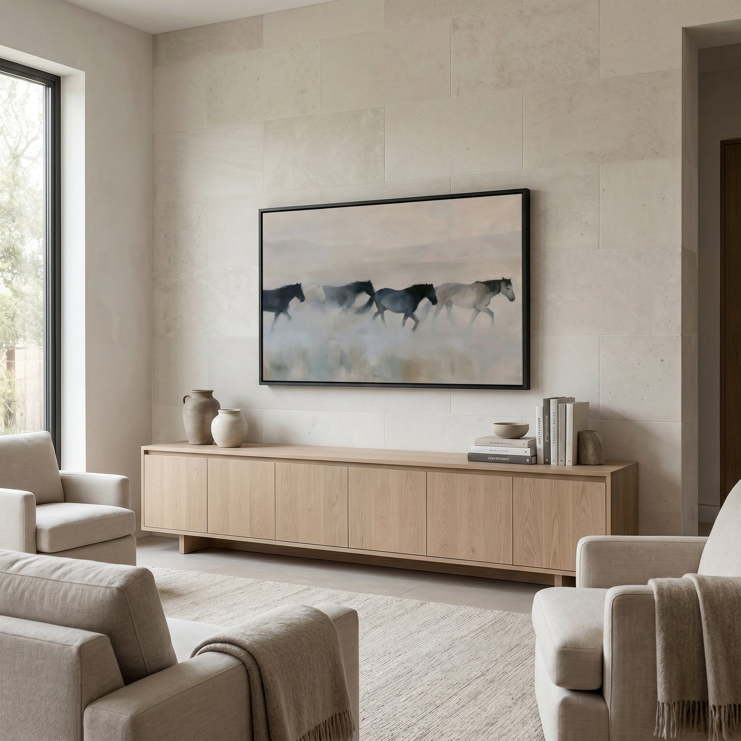 a modern living room with a large painting of horses on the wall, a wooden entertainment center, and two beige armchairs arranged around a coffee table.