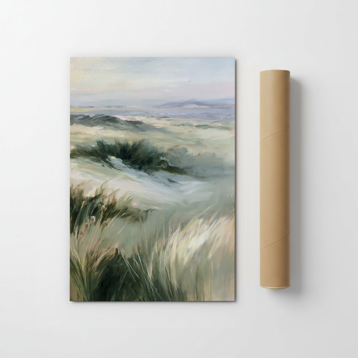 The image is a painting of a landscape with a field of tall grass and a cloudy sky in the background.