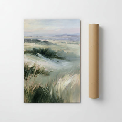The image is a painting of a landscape with a field of tall grass and a cloudy sky in the background.