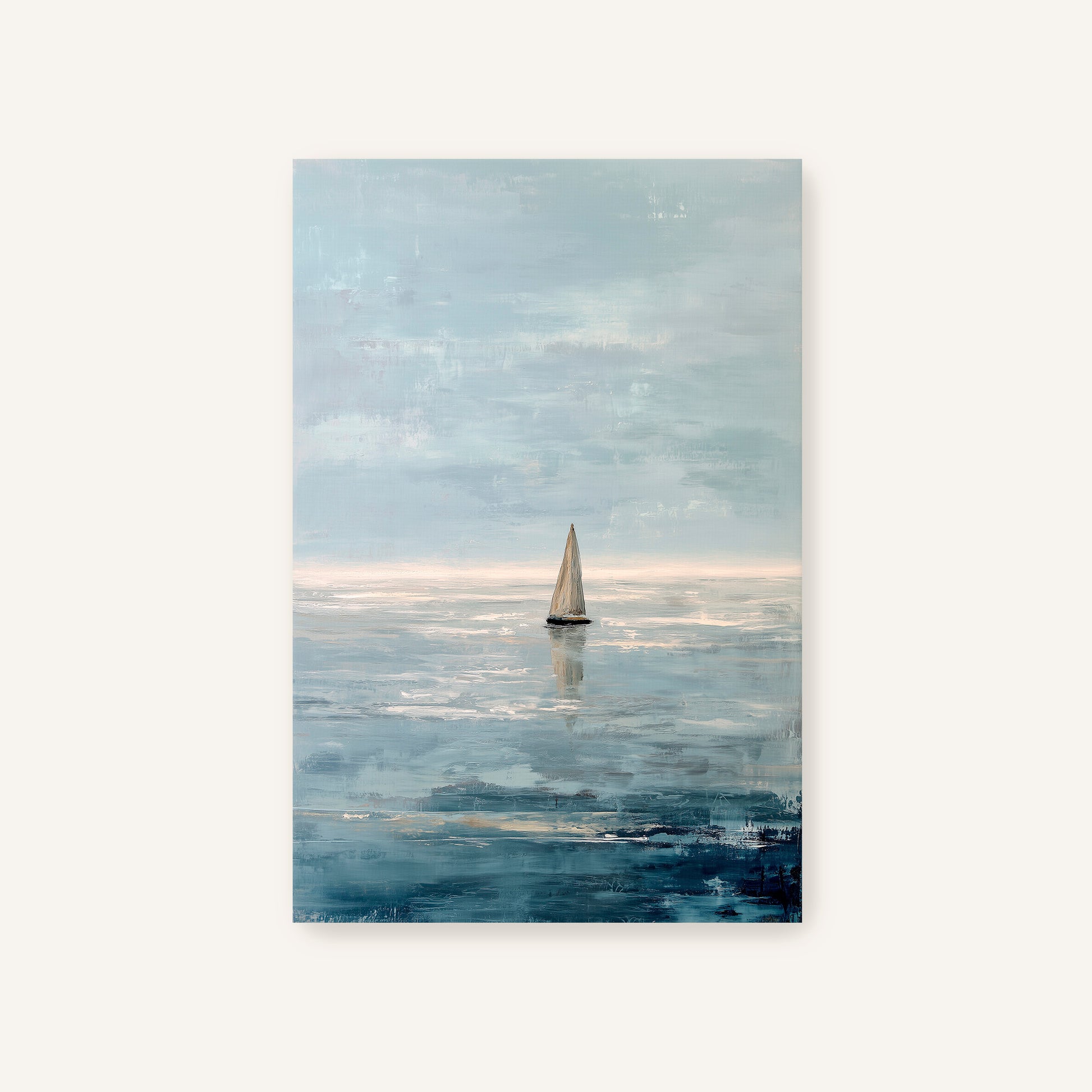 a sailboat floating on a calm body of water, with a cloudy sky in the background.
