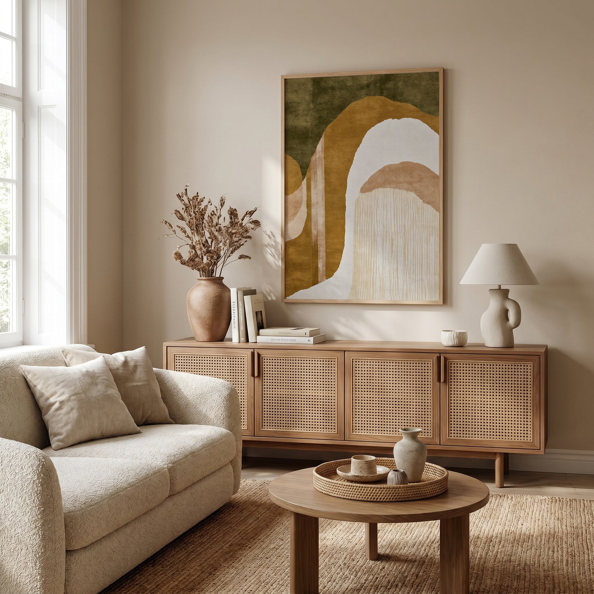 a cozy living room with a beige sofa, a wooden sideboard, and a large abstract painting on the wall.
