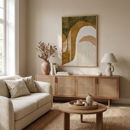 a cozy living room with a beige sofa, a wooden sideboard, and a large abstract painting on the wall.