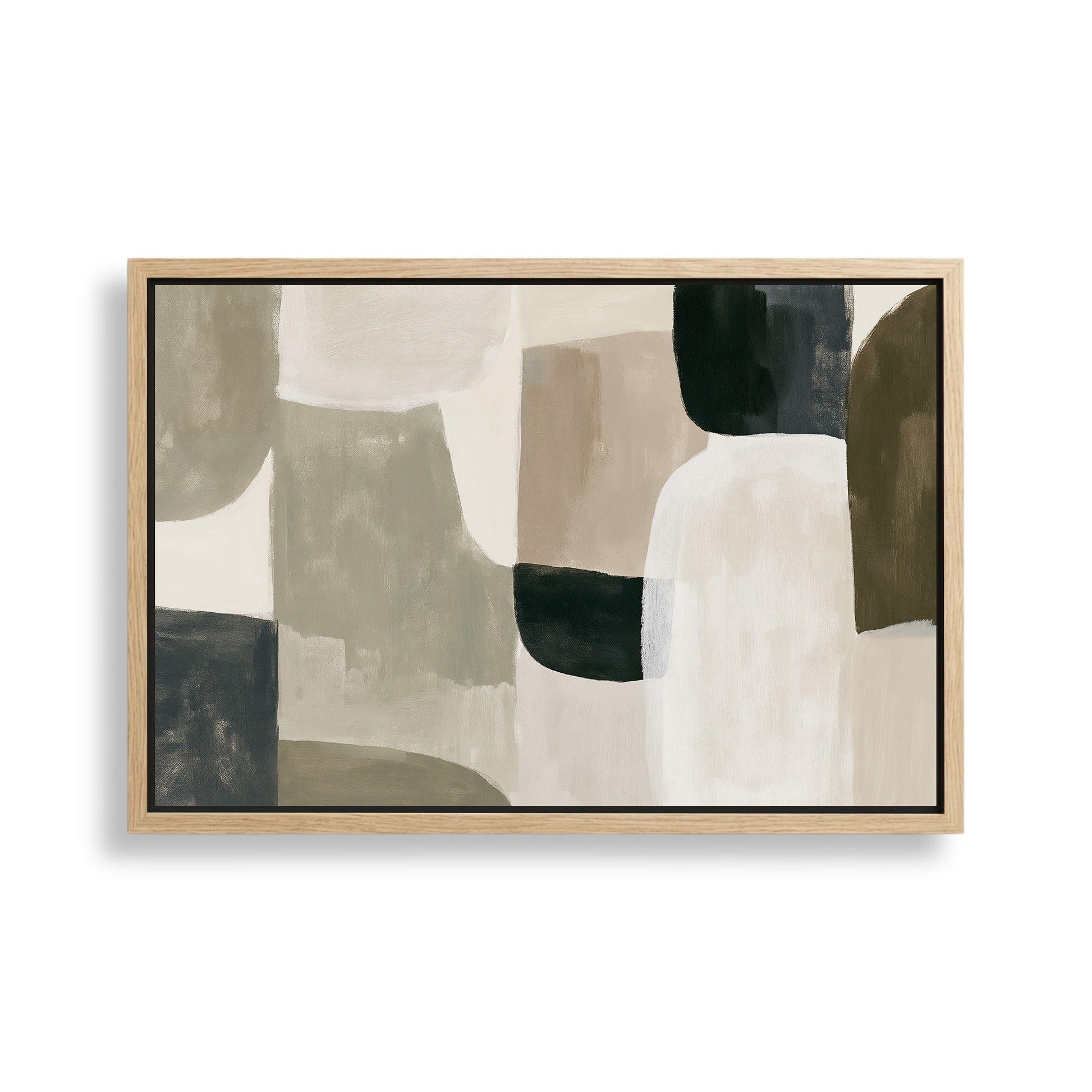 The image is a framed abstract painting featuring a variety of shapes and colors, including shades of brown, gray, and black.