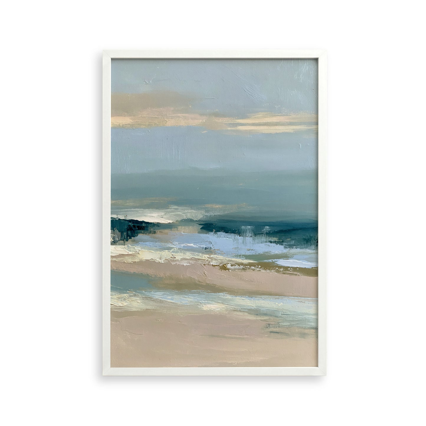 The image is a framed painting depicting a serene landscape with a body of water, possibly a lake or ocean, and a cloudy sky. The painting features a blend of blue, green, and beige colors, creating a peaceful and tranquil atmosphere.