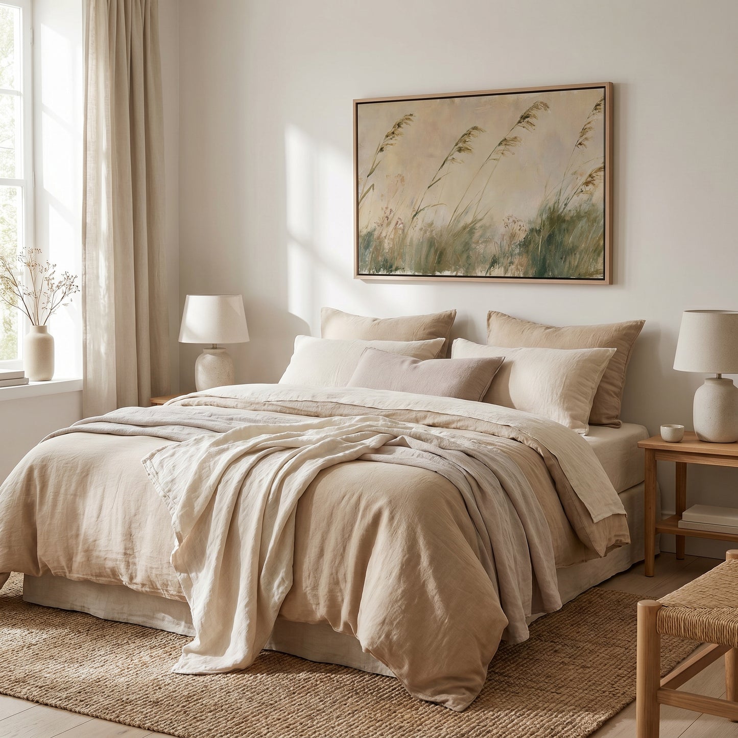 a serene and cozy bedroom with a large bed, a painting of tall grass on the wall, and a window with curtains. The room has a neutral color palette, with beige and white tones creating a warm and inviting atmosphere.