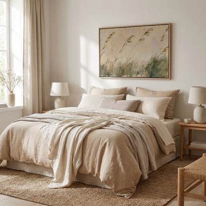 a serene and cozy bedroom with a large bed, a painting of tall grass on the wall, and a window with curtains. The room has a neutral color palette, with beige and white tones creating a warm and inviting atmosphere.