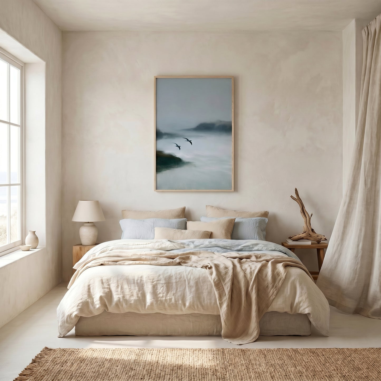 a serene bedroom with a large bed, a framed landscape painting on the wall, and a window overlooking the outdoors.