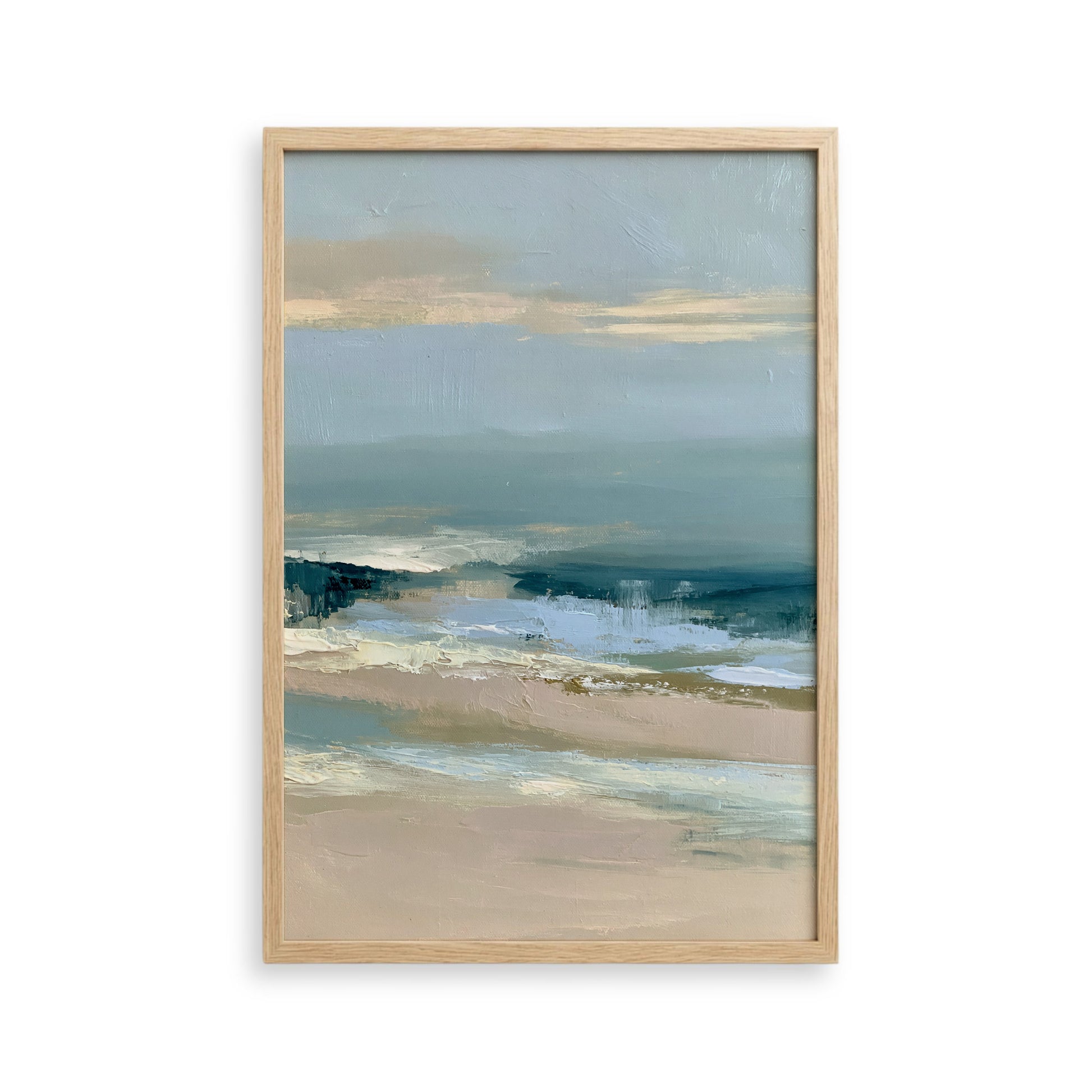 The image is a framed painting depicting a serene landscape with a body of water, possibly a lake or ocean, and a cloudy sky.