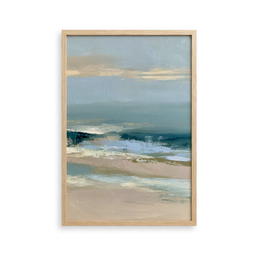 The image is a framed painting depicting a serene landscape with a body of water, possibly a lake or ocean, and a cloudy sky.