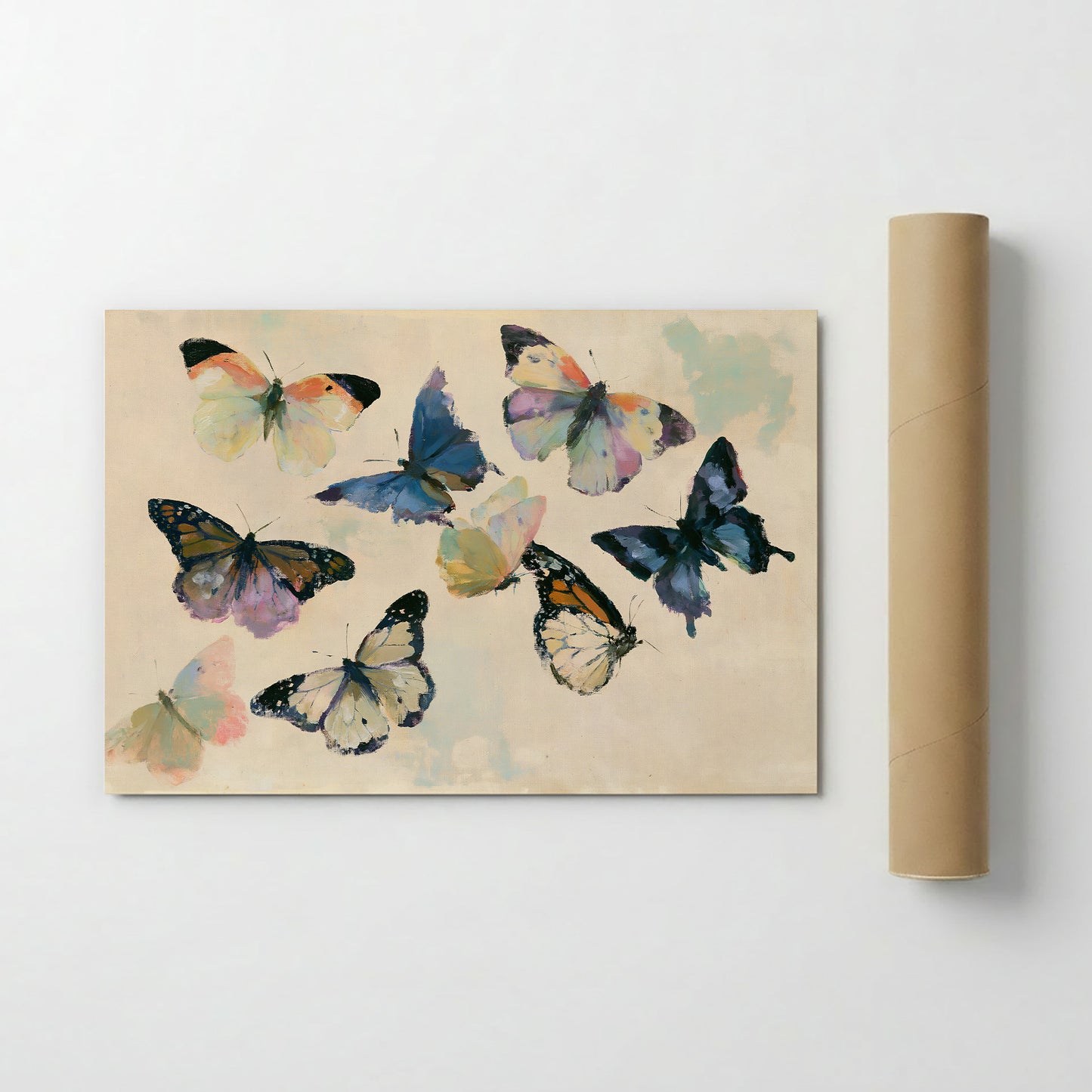 The image is a painting of a group of colorful butterflies, with various shades of blue, orange, and yellow.