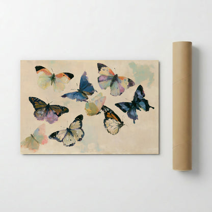 The image is a painting of a group of colorful butterflies, with various shades of blue, orange, and yellow.