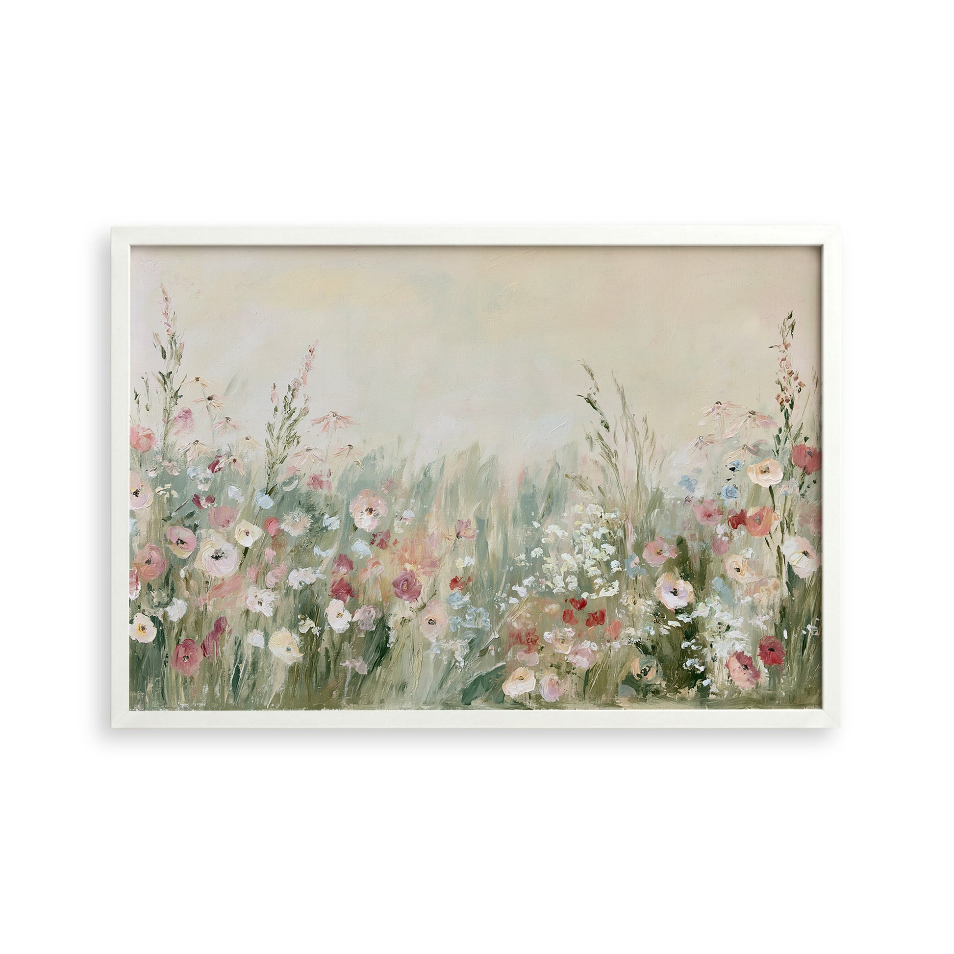 The image is a painting of a field filled with colorful flowers, including pink, white, and green blooms.