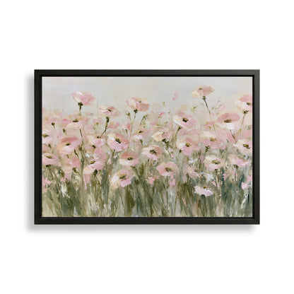 The image is a framed painting depicting a field of pink flowers.