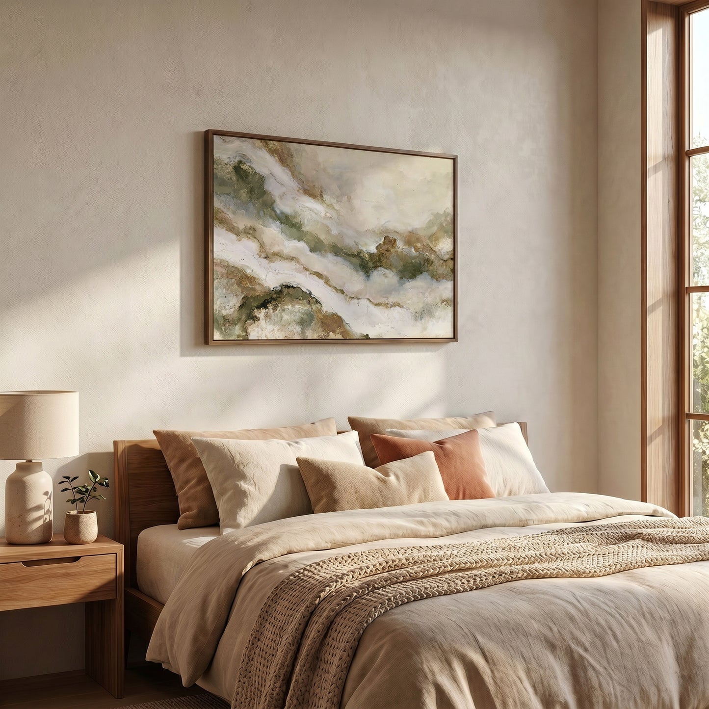 a serene and cozy bedroom with a large bed adorned with beige and brown bedding, complemented by a wooden nightstand and a lamp. Above the bed, a framed abstract painting adds an artistic touch to the space.