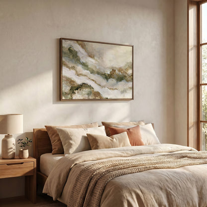 a serene and cozy bedroom with a large bed adorned with beige and brown bedding, complemented by a wooden nightstand and a lamp. Above the bed, a framed abstract painting adds an artistic touch to the space.