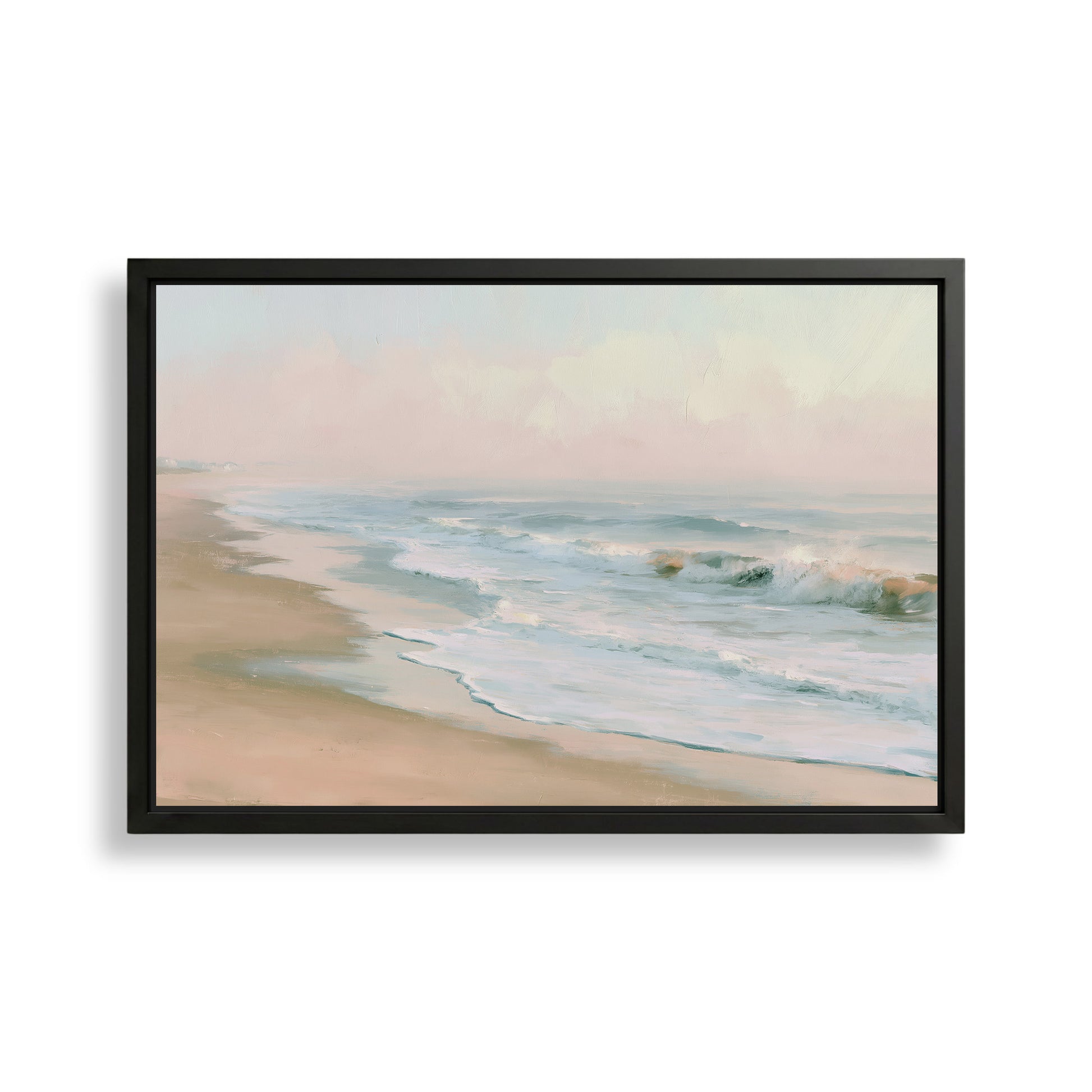A framed painting depicting a serene beach scene with waves gently lapping against the shore.