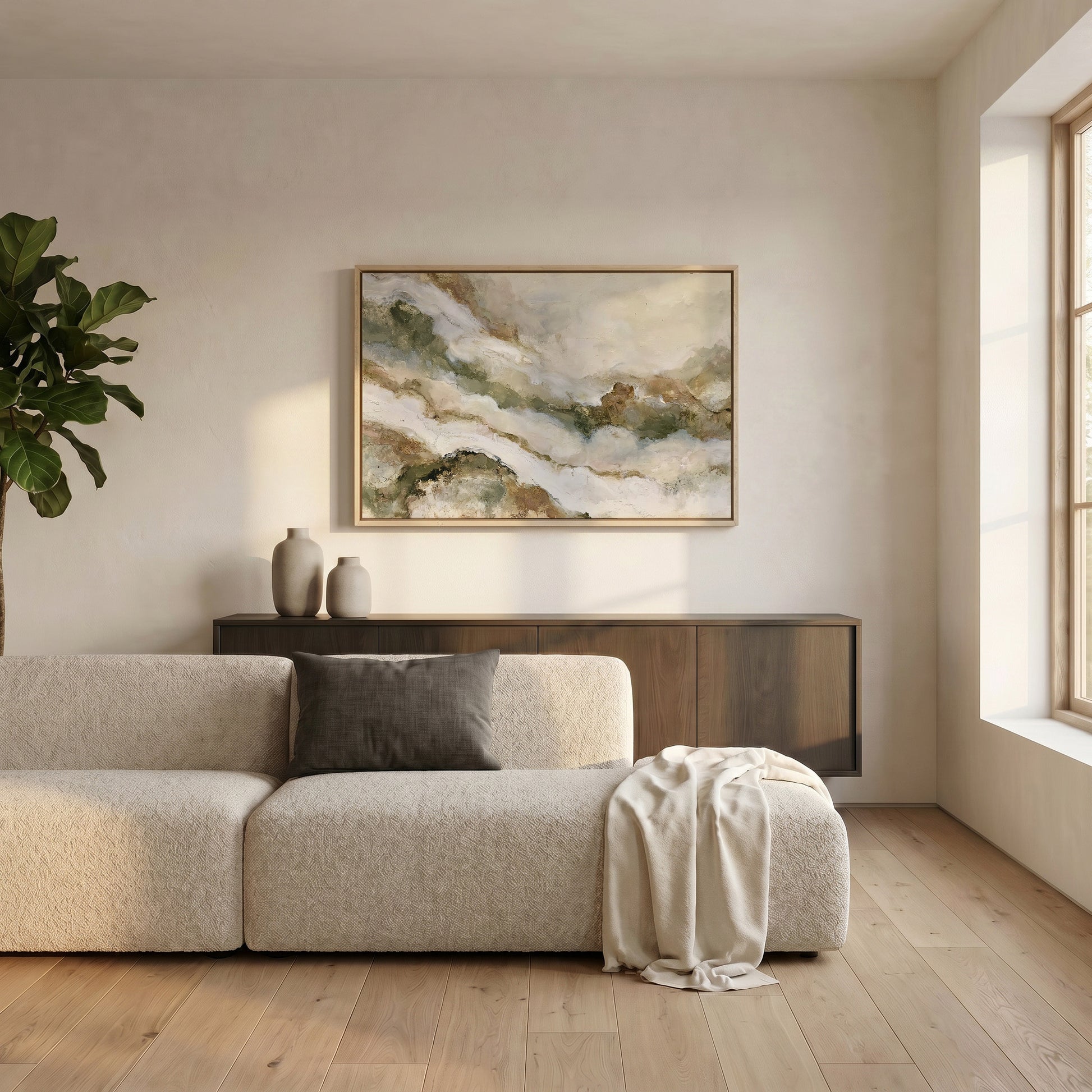a modern living room with a large window, a white sofa, a wooden cabinet, and a framed abstract painting on the wall.