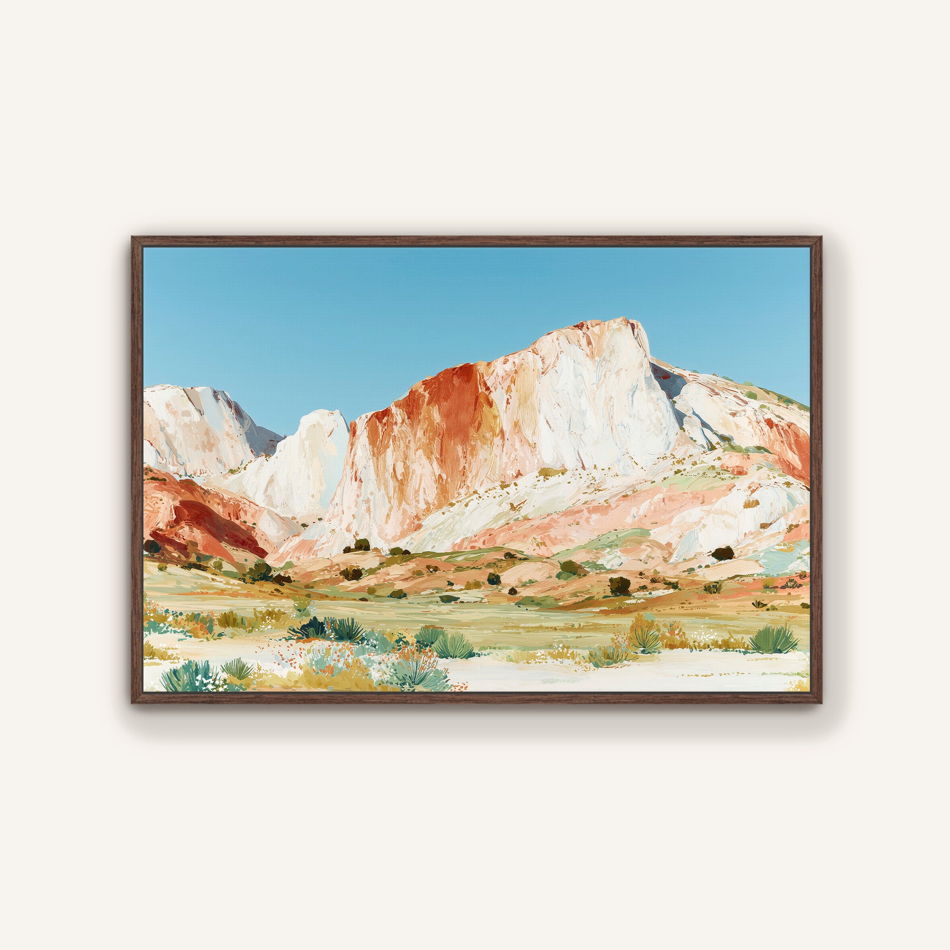 a picturesque mountain landscape with towering peaks, lush vegetation, and a clear blue sky.