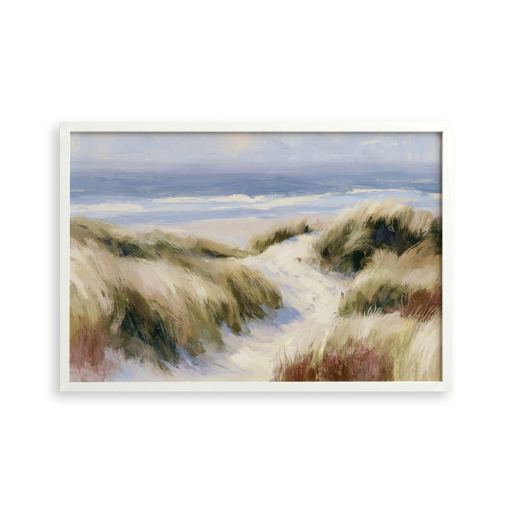 The image is a painting depicting a serene beach scene with a path leading to the ocean.