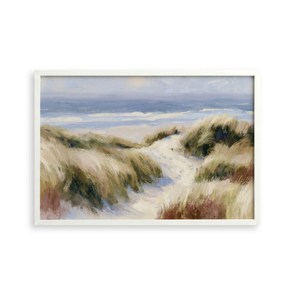 The image is a painting depicting a serene beach scene with a path leading to the ocean.
