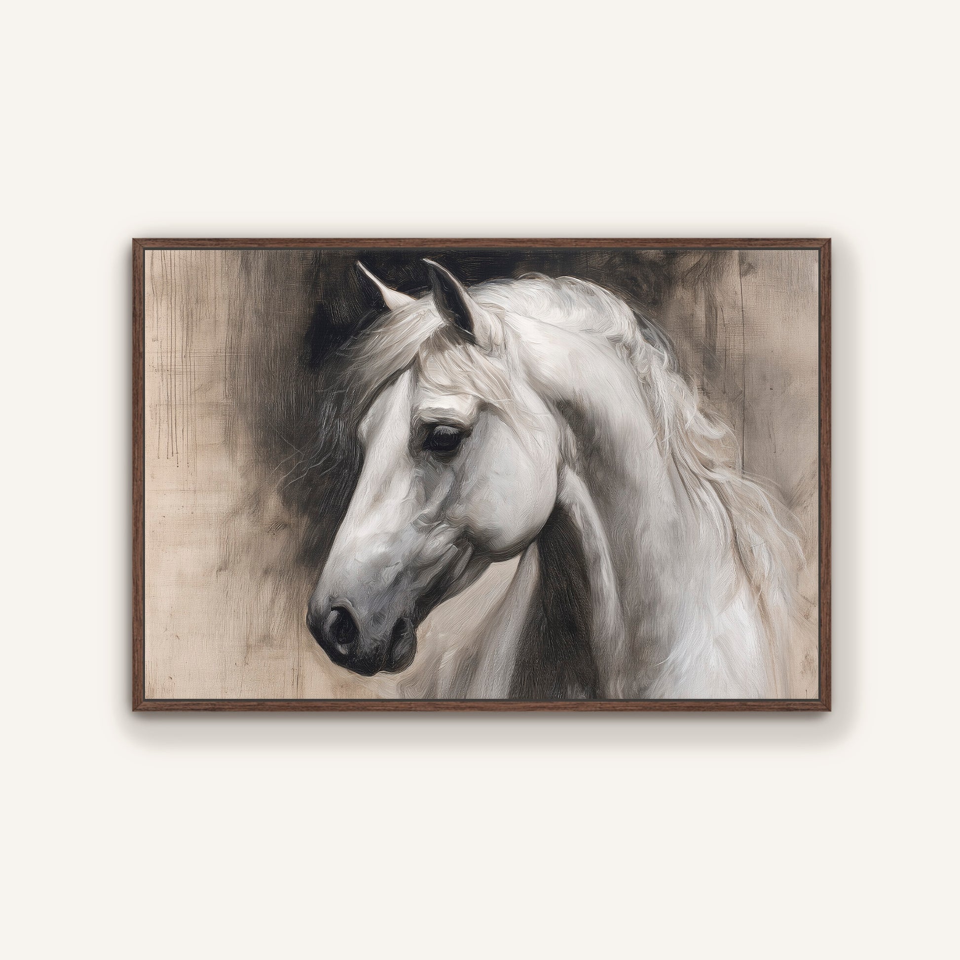 A black and white portrait of a horse, with its head turned to the side and flowing mane.