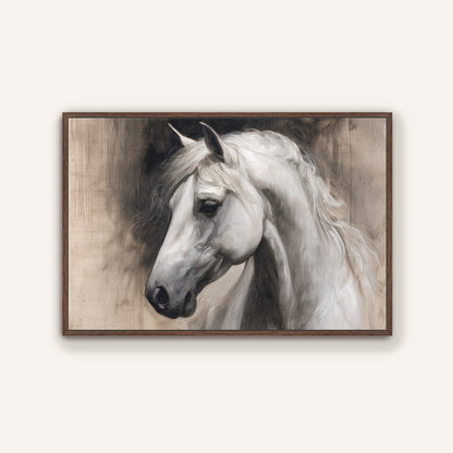 A black and white portrait of a horse, with its head turned to the side and flowing mane.