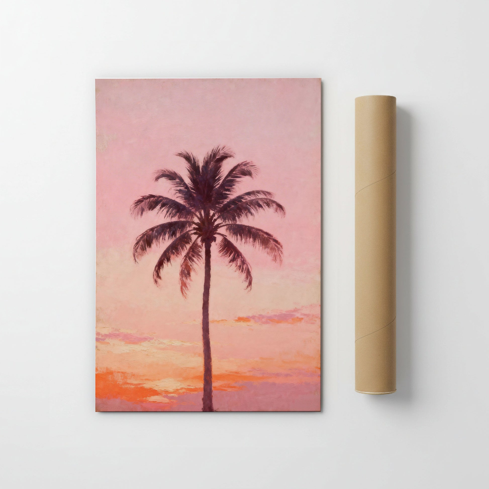 a palm tree against a sunset sky.