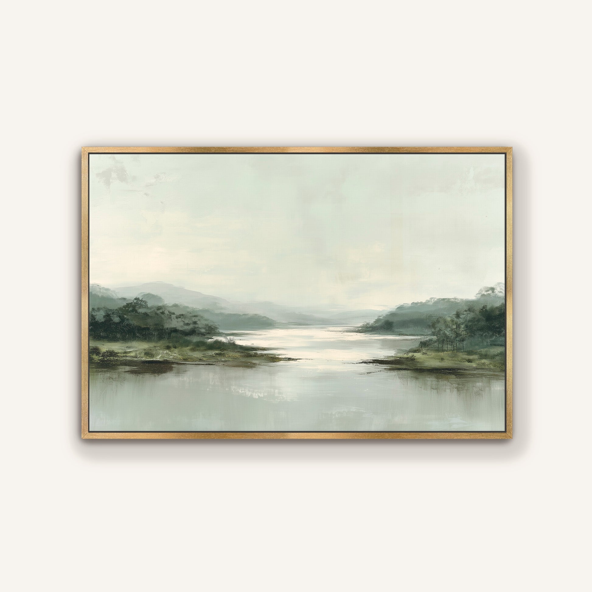 The image is a landscape painting depicting a serene scene of a lake surrounded by mountains and trees.