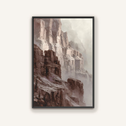 Abstract canyon cliff wall art in muted sienna and ivory tones with a sleek black frame