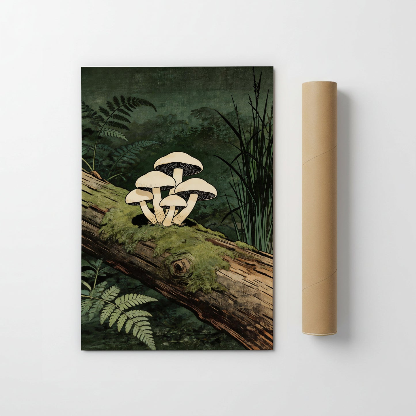 Mushroom art print displayed beside rolled poster tube on white background