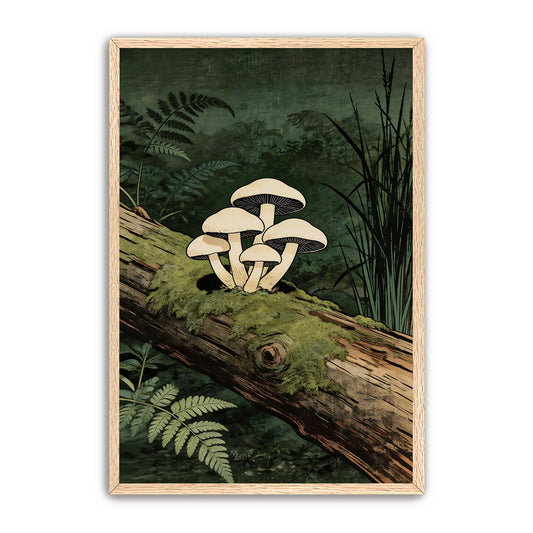 Close-up mushroom wall art in natural wood frame on white background
