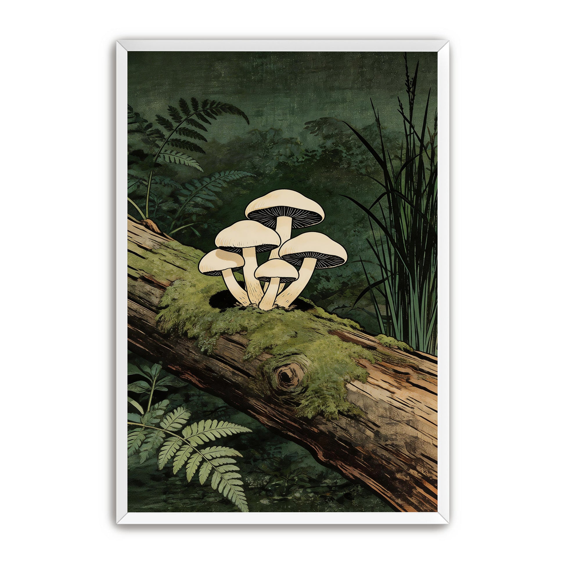 Mushroom wall art print in white frame on clean white background