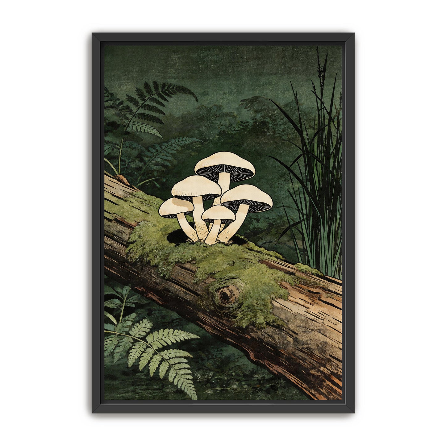 Mushroom wall art print in black frame on clean white background