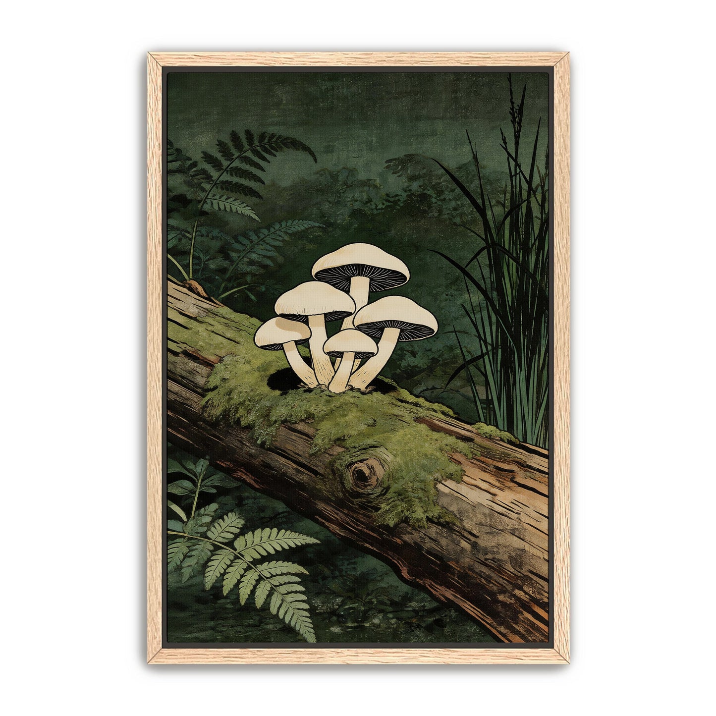Mushroom wall art print in natural oak frame on white background