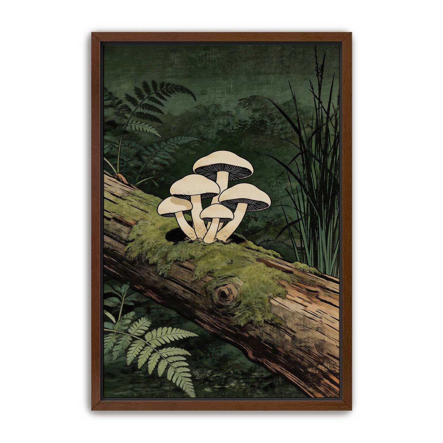 Mushroom wall art print in walnut frame on white background