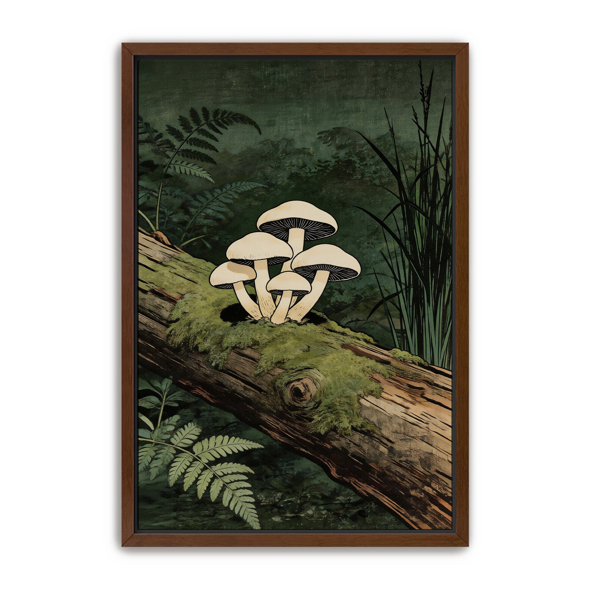 Mushroom wall art print in walnut frame on white background